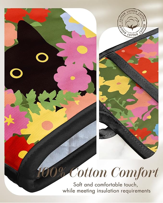 Cotton Oven Mitts and Pot Holders Sets - Quilted Lining Heat Resistant 4 Pieces Set with Hanging Loop Cute Farmhouse Boho Spring Kitchen Decor and Accessories, Cat Flower