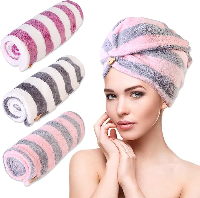 YHPDYL 3 Pack Microfiber Hair Towel Wrap for Women, Fast Drying Hair Turban with Button, Anti-Frizz Large Hair Towel for All Hair Styles, Soft & Absorbent Hair Drying Towel
