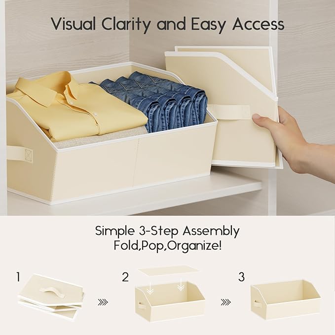 Homsorout Large Closet Organizers and Storage Bins - 4 Pack Trapezoid Storage Baskets for Shelves, Foldable Fabric Baskets with Handles Ideal for Closet, Basket, Wardrobe and Shelf Storage, Beige