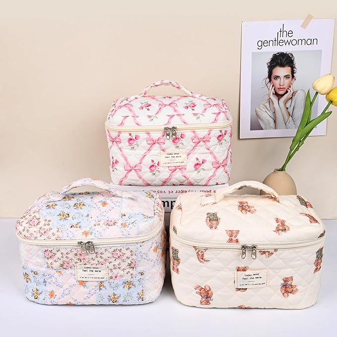 SXS LACONIC Quilted Makeup Bag,Large Cosmetics Bag Set,Coquette Floral Make up Pouch,Travel Toiletry Bag for Women
