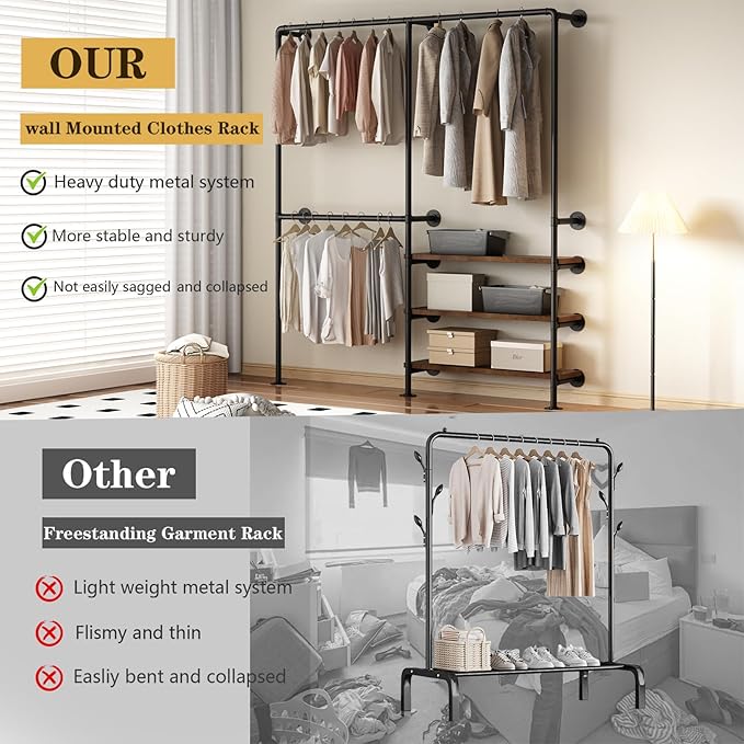 KAILNKISS Industrial Pipe Clothes Rack, Wall Mounted Clothing Rack with Shelves, Heavy Duty Closet Organizers Wardrobe Multi-Purpose Storage Clothes Hanging Shelf-70.8''L Black