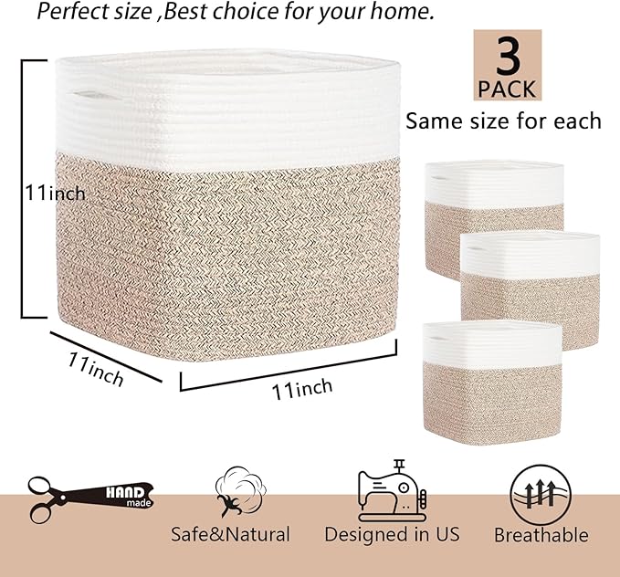 DAVIHOMI Storage Cubes 11 Inch Cotton Rope Woven Storage Basket for Organizing 3 Pack | Storage Bins for Organization and Storage | Toy Storage Organizer | Basket for Shelves | Toy Bins（Brown）