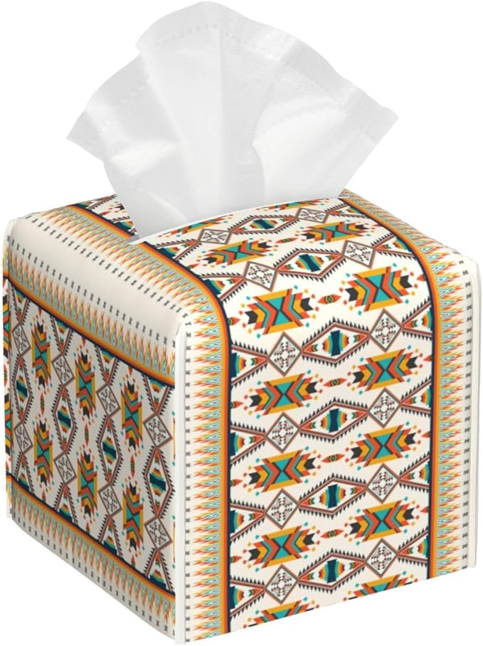 PVC Tissue Box Cover Holder,Aztec Square Decorative Organizer,5.2"X5.2"X5.2" Tissue Case for Bathroom,Tabletop,Car,Office