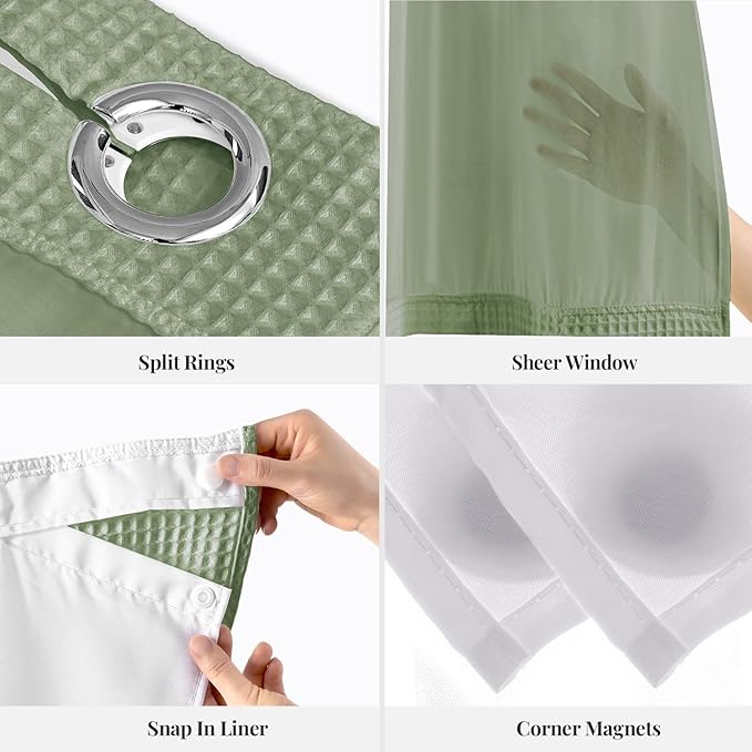 River Dream Sage Green Fabric Shower Curtain Set, Cotton Blend, Waffle Weave, with Snap in Replacement Liner，71 x 74 inches
