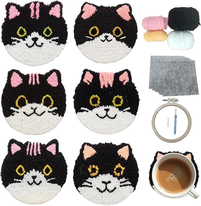 57lilina Punch Needle Coaster Kit for Adults Beginners, 6 Set Complete Animal Cat Punch Needle Stitching Embroidery Art Kit, Step-by-Step Guide Make Punch Needling Drink Coasters for Starter