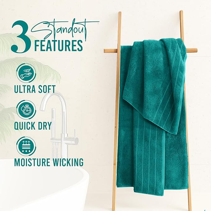 DAN River Extra Large Bath Towels Set of 4, 30 x 60 Inches - 100% Cotton Larger & Lighter Weight Towels for Bathroom - Quicker to Dry, Super Soft & Highly Absorbent Towels for Home, Teal