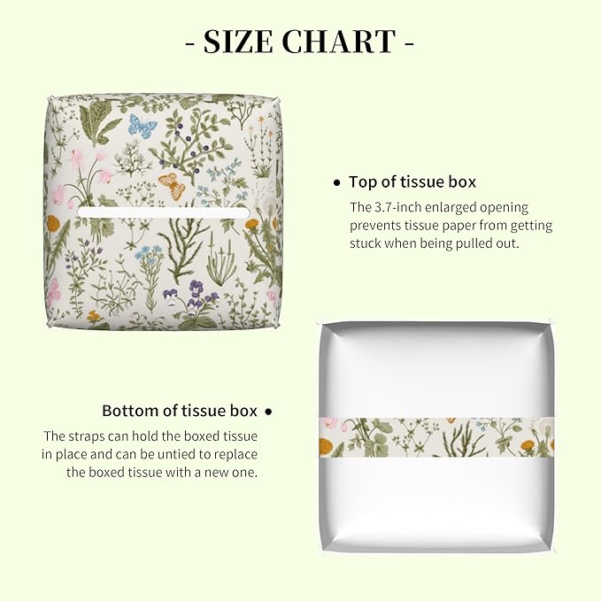 Vintage Floral Butterfly Tissue Box Cover,Colorful Herbs and Wild Flowers Waterproof Leather Square Tissue Box Cover Case Facial Paper Organizer Dispenser Box Holder for Home Office Bathroom Vanity