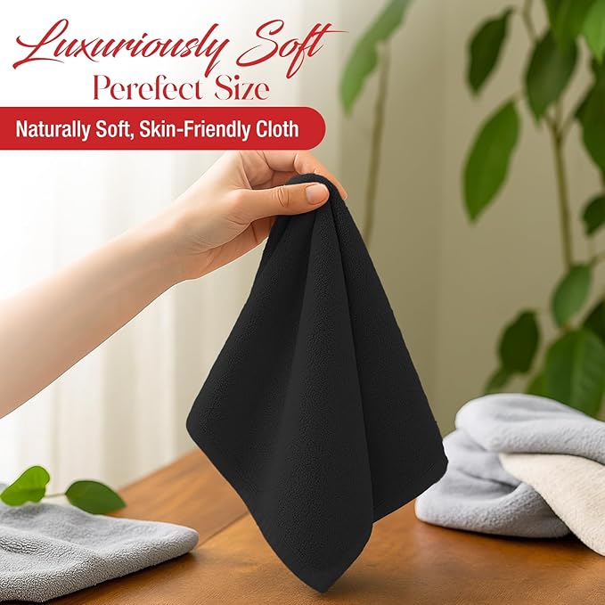 RIVERSIDE 12 Pack Washcloths - 12x12 Inches, 500 GSM, 100% Ring-Spun Cotton - Soft, Absorbent & Durable Face and Body Towels - for Bathroom, Spa, Gym, Makeup Removal & Everyday Use - Black