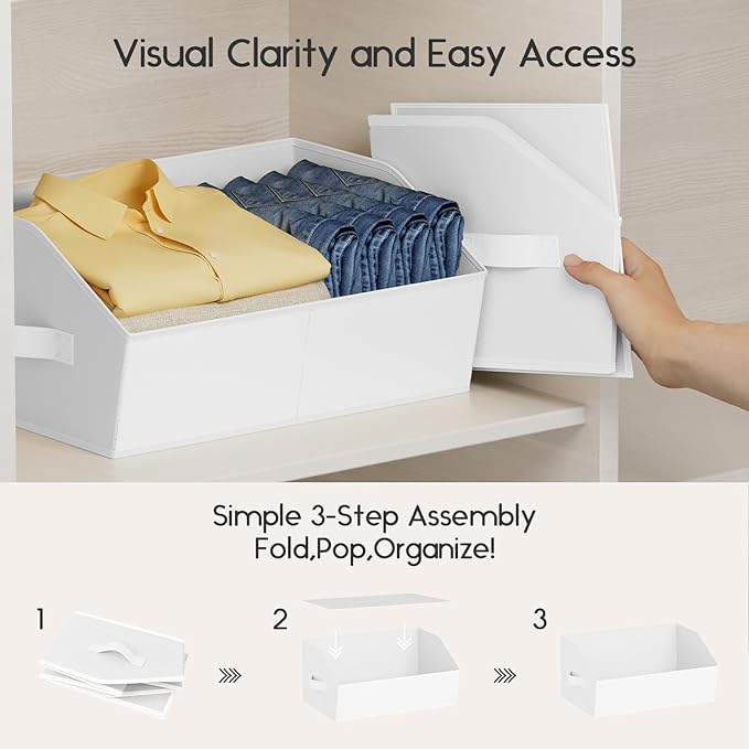 Homsorout Large Closet Organizers and Storage Bins - 4 Pack Trapezoid Storage Baskets for Shelves, Foldable Fabric Baskets with Handles Ideal for Closet, Basket, Wardrobe and Shelf Storage, White