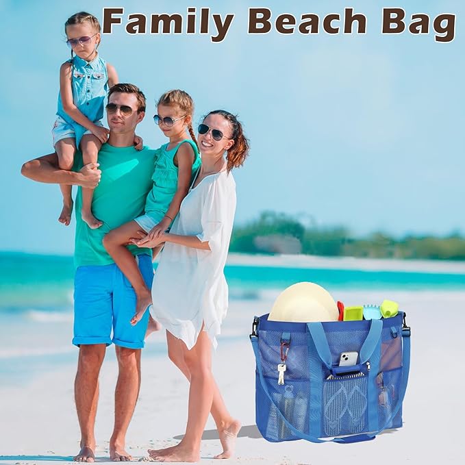 Fammart Mesh Beach Bag, Large Beach Tote with Zipper Pocket for Family Pool Bag for Toys & Vacation Essentials