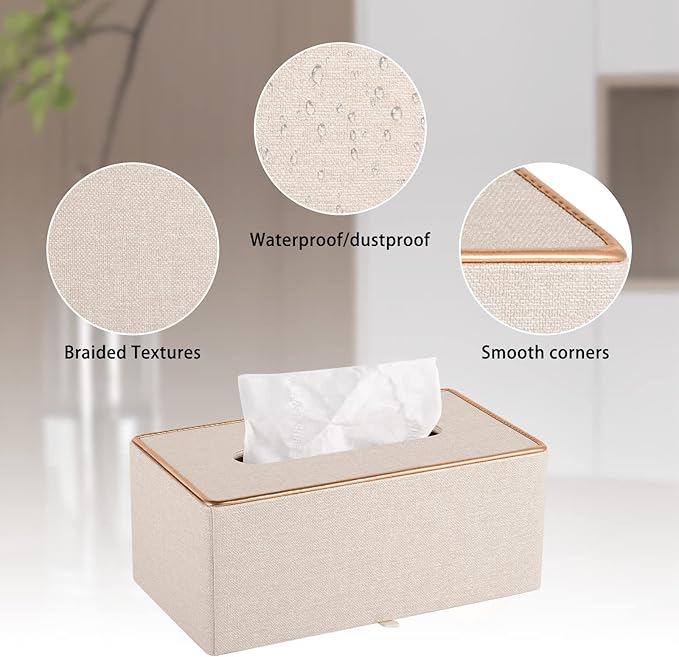 RHCSZ Fashion Leather Tissue Box Holder,Rectangular Tissue Box Cover for Bathroom Dresser Night Stand,Napkin Box Drawer Paper Dispenser,Home Office car Tissue Holder with Magnetic Bottom (Beige)