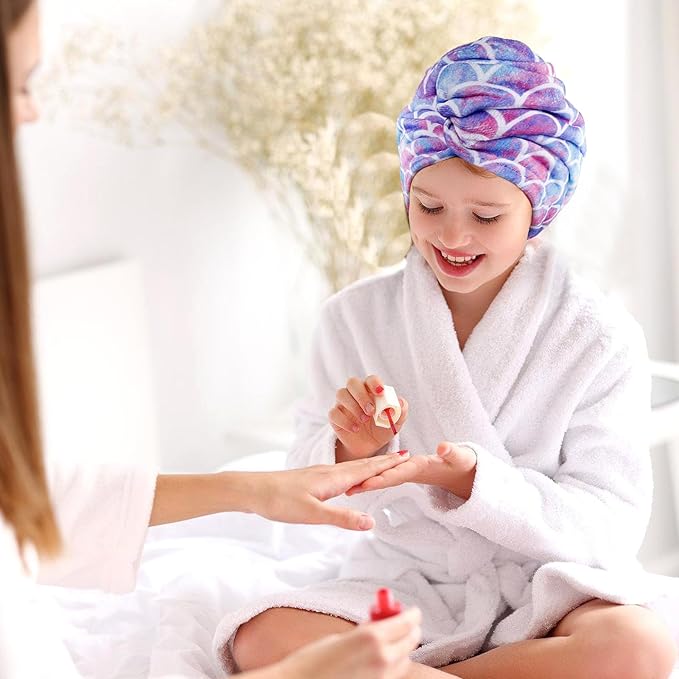 MADHOLLY Microfiber Hair Towel for Kids Gifts - Soft Super Absorbent Rapid Drying Hair Towel Wrap Turban for Girls Women with Button, Anti-Frizz for Thicker Curly Long Hair, 3Pack