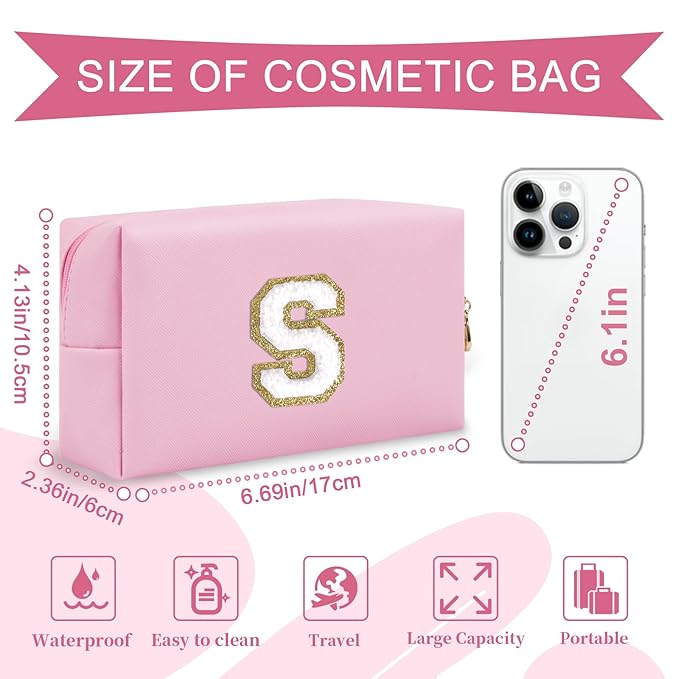 Personalized Initial A-Z Preppy Patch Makeup Bag,Small PU Chenille Letter Cosmetic Bag with Zipper for Teen Girls,Pink Cute Toiletry Organizer Bag,Monogram Makeup Case Gift for Women Girls,Letter S