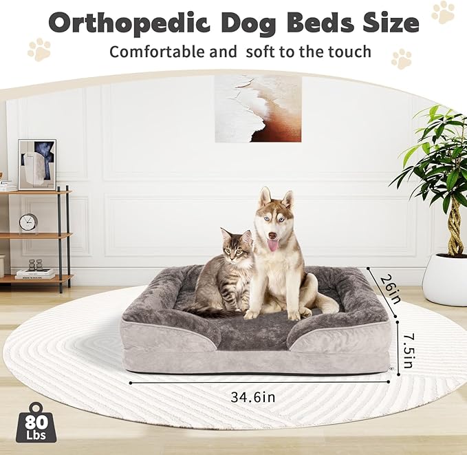 Dog Bed Waterproof Medium/Large Sized XL Foam Pet Beds Removable Washable Cover Dog Sofa Egg Crate Foam Support with Zipper Bottom Bolster Deluxe Plush Mat (34.6x26x7.5in+Grey)