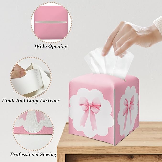 Pink Bow Ribbon Tissue Box Cover Square, Leather Tissue Holder with Bottom Belt, for Nightstands Desks Office Bathroom Car Vanity Home Decor Supplies -012