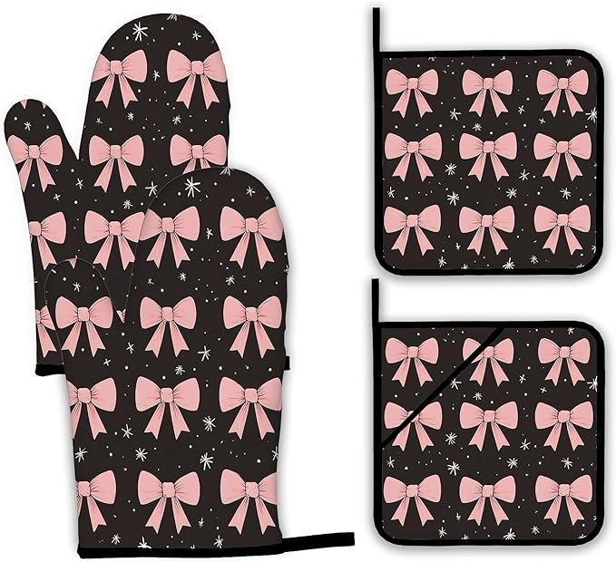Cute Pink Bow Oven Mitts and Pot Holders,Heat Resistant Oven Mitts Gloves and Pot Holder for Home Kitchen Decorations Cooking Baking BBQ Gifts,Set of 4
