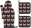 Cute Pink Bow Oven Mitts and Pot Holders,Heat Resistant Oven Mitts Gloves and Pot Holder for Home Kitchen Decorations Cooking Baking BBQ Gifts,Set of 4