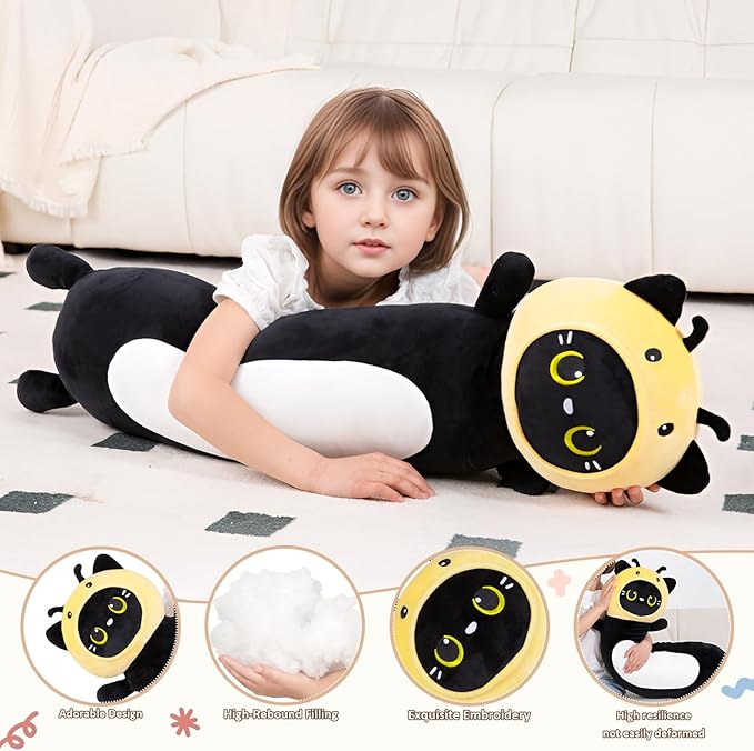 HAIJUNYA 36 inch Bee Black Cat Long Plush Body Pillow Toy, Kitten Plushies with Stuffy Honeybee Oufit Big Stuffed Animals Gfit for Kids Boys Girls, Birthday, Halloween, Christmas