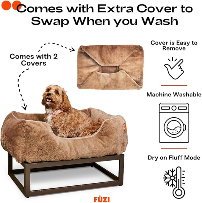 FUZI Elevated Dog Bed Small with Extra Cover, Luxury Raised Dog Beds, Removable and Machine Washable Bed Cover, Indoor/Outdoor Orthopedic Pet Bed, Small 25.1x16.75x18 Light Brown and Dark Brown Base
