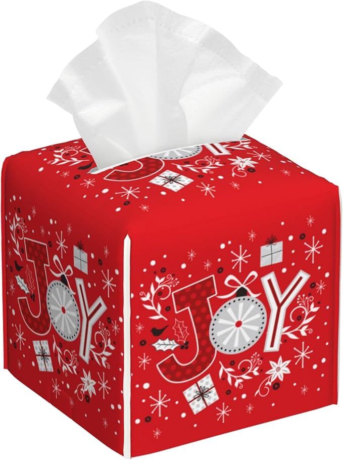 POIUBLE Snowflake Tissue Box Holder Merry Christmas Joy Words Tissue Box Cover Square Leather Tissue Holder Organizer Portable Decorative Facial Paper Case for Home Office Bathroom Vanity Countertop