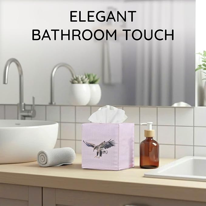 EmbroideryLinen.VN Tissue Box Cover Set of 2, Square Linen Tissue Holder, Printed Animal Pattern, 4.5x4.5x5.5 Inches, Decorative Holder for Bathroom, Living Room, Office (Eagle)