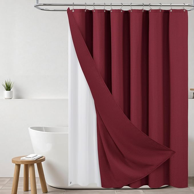 ROLIZOE 3-in-1 Waffle Texture Shower Curtain Set with TPU-Coated Waterproof Liner and 12 Upgraded Double-Sided Hooks, Well-Matched Sizes for a Seamless Fit – Burgundy, 72" x 78"