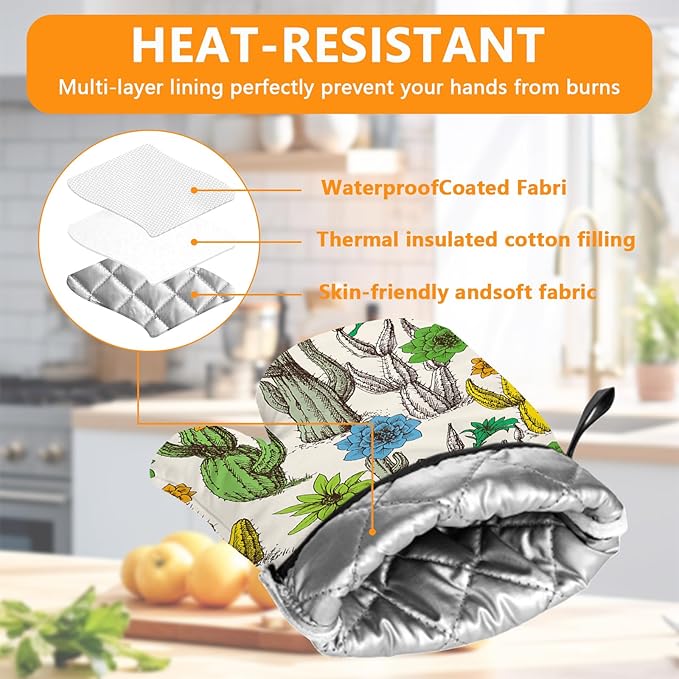 Cactus Flower Oven Mitts and Pot Holders Sets 4Pcs,Extra Long Oven Gloves Potholder for Kitchen Cooking Baking BBQ 100% Cotton Heat Resistant
