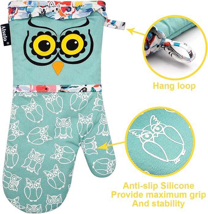 Oven Mitts, Heat Resistant with Soft Quilted Cotton Lining Set of 2, Fashion Animal Design with Silicone Printing Anti-Slip Kitchen Gloves for Safe Backing Cooking Barbecue (Green 2)