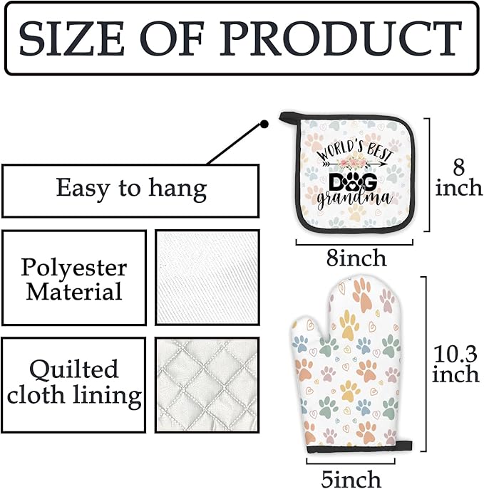 Dog Grandma Gifts Oven Mitts and Pot Holders Sets, Gifts for Dog Grandma, Dog Paw Kitchen Decor Accessories Sets, World’s Best Dog Grandma Heat Resistant Oven Glove Potholders for Kitchen