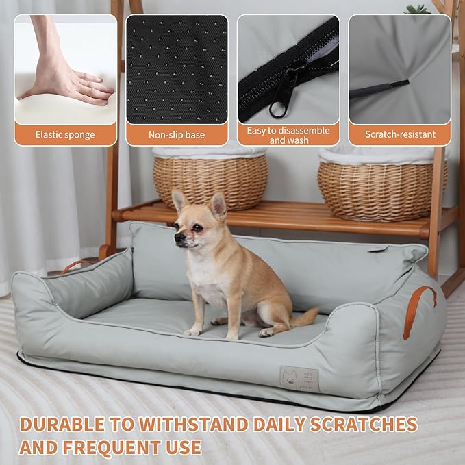 Removable Orthopedic Dog Beds for Large Dogs, Leather Memory Foam Dog Sofa Bed, Waterproof Durable Dogs Bed Couch with Non Skid Bottom for All Pet Sizes (Silver Gray, X-Large)