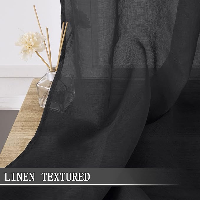 Tollpiz Short Sheer Curtains Linen Textured Bedroom Curtain Sheers Light Filtering Rod Pocket Voile Curtains for Living Room, 54 x 45 inches Long, Black, Set of 2 Panels