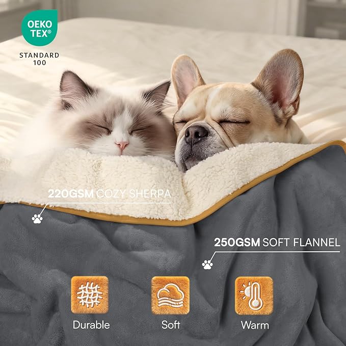 Luciphia Waterproof Pet Blanket, Liquid Pee Proof Dog Blanket for Sofa Bed Couch, Reversible Sherpa Fleece Furniture Protector Cover for Small Medium Large Dogs Cats, Grey+Beige Medium（57" x 40"）