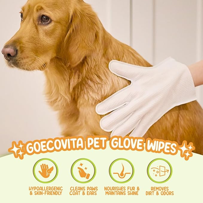 GoEcoVita Pet Glove Wipes for Dogs & Cats | Nourish & Clean Fur & Skin | Coconut Oil & Chamomile Rinse-Free Wipes | Bathing Glove Wipes for Daily Care and Travel | Natural, Hypoallergenic (8 Pack)
