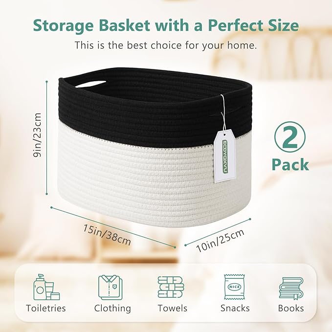 ECDYQXVU Cotton Rope Storage Basket, 15x10x9 Inches, Woven Basket for Shelves, Clothes, Towels, Books, and Laundry, Black/White (2 Pack)