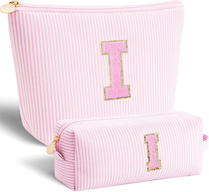 Btffitting Personalized Makeup Bag for Women Girls - Fashion Cosmetic Bag Trendy Travel Toiletry Bag with Initials Letter - Teen Gifts - Pink,I