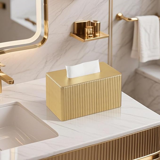 MEIBOOCH PU Leather Tissue Box Cover Square, Rectangle Tissue Box Holder with Magnetic Closure, Decorative Tissue Holder for Bathroom Bedroom Office (Gold, Rectangle for 180 to 230 Count Tissues)