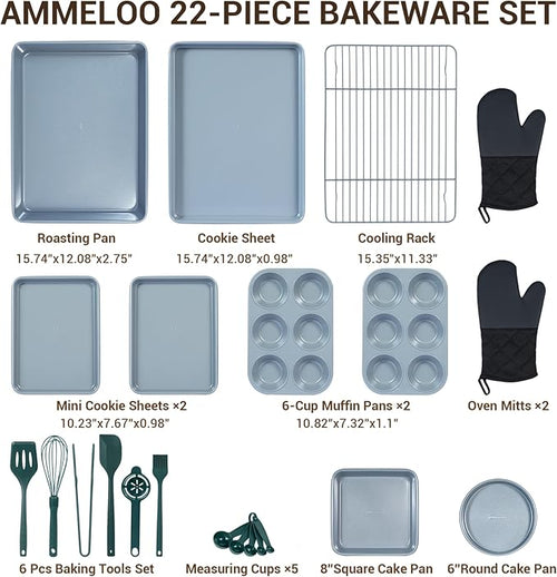 Ammeloo 22-Piece Baking Pans Set Stackable Bakeware Non Stick Baking Set Non Toxic Oven Pans, Including Roasting Pan, Cookie Sheets, Muffin Pans, Cake Pans, Oven Mitt and Utensils(Gray & Hunter Green)