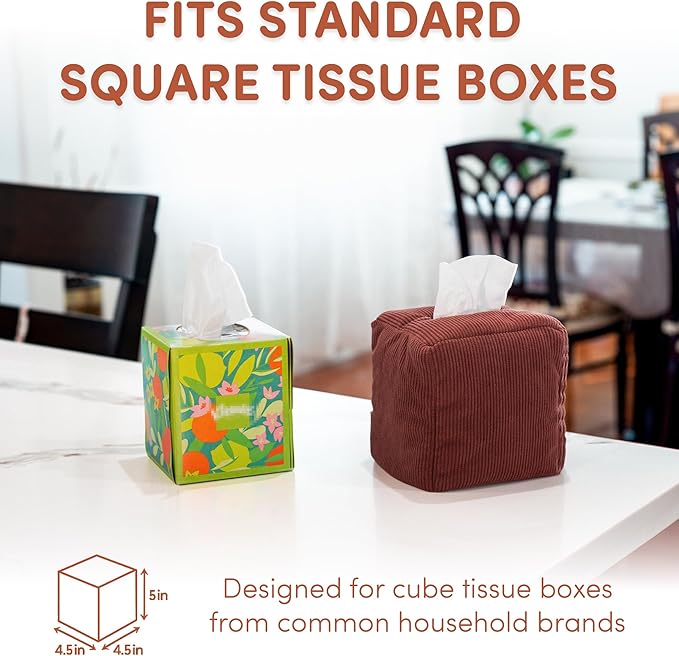 TOGI Corduroy Tissue Box Cover - Soft & Puffy Cube Design Adds a Warm, Cozy Touch - Soft Tissue Box Cover Square Fits Standard Square Boxes from Everyday Brands - Cozy Home & Office Decor - (Brown)