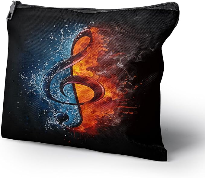 Cafl Fire Water Musical Clef Makeup Bag Travel Large Musical Note Cosmetic Bag Organizer toiletry Essentials Jewelry Zipper Bag Gift For Women -10×8 inch