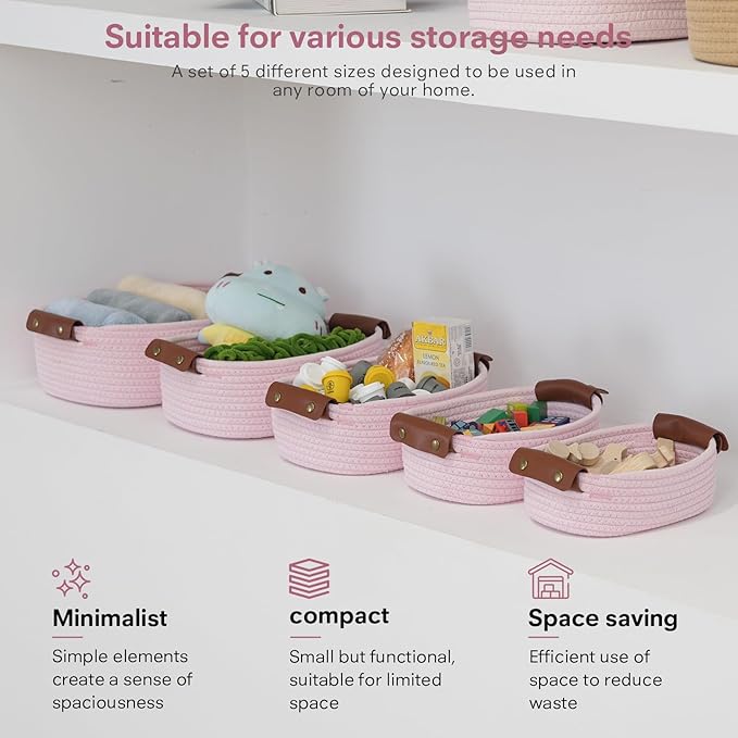 ECDYQXVU 5 Piece Storage Baskets Small Woven Basket with Detachable Leather Handle, Cotton Rope Shelf Baskets for Closet Organizers, Different Sizes Basket Decor, Light Pink