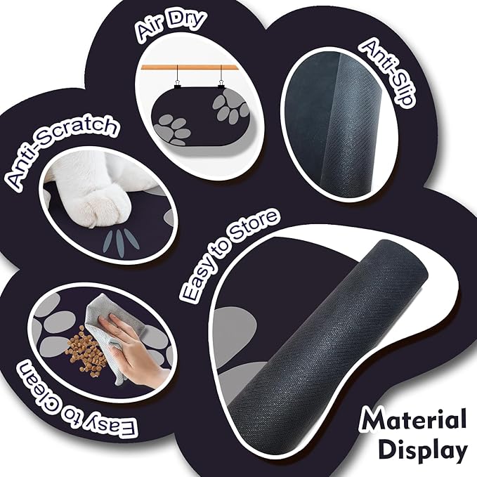 METEOROCK Pet Feeding Mat – 20''x12'' Absorbent Dog Food Mat, Pet Water Mats Protect Floor, No Stains Quick Dry Bowl Mats, Non-Slip Rubber Base Pets Placemats for Food and Water, Black Paw