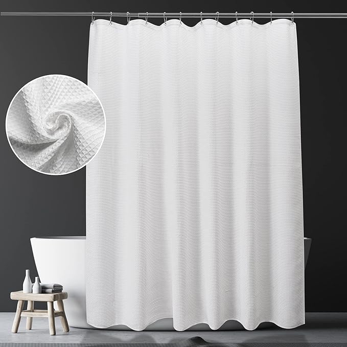 AmazerBath White Shower Curtain Fabric, Waffle Shower Curtain Polyester, Luxury Cloth Shower Curtains for Bathroom, Hotel Quality, Machine Washable, Heavy Duty, 72 x 72 Inches (Matte White)