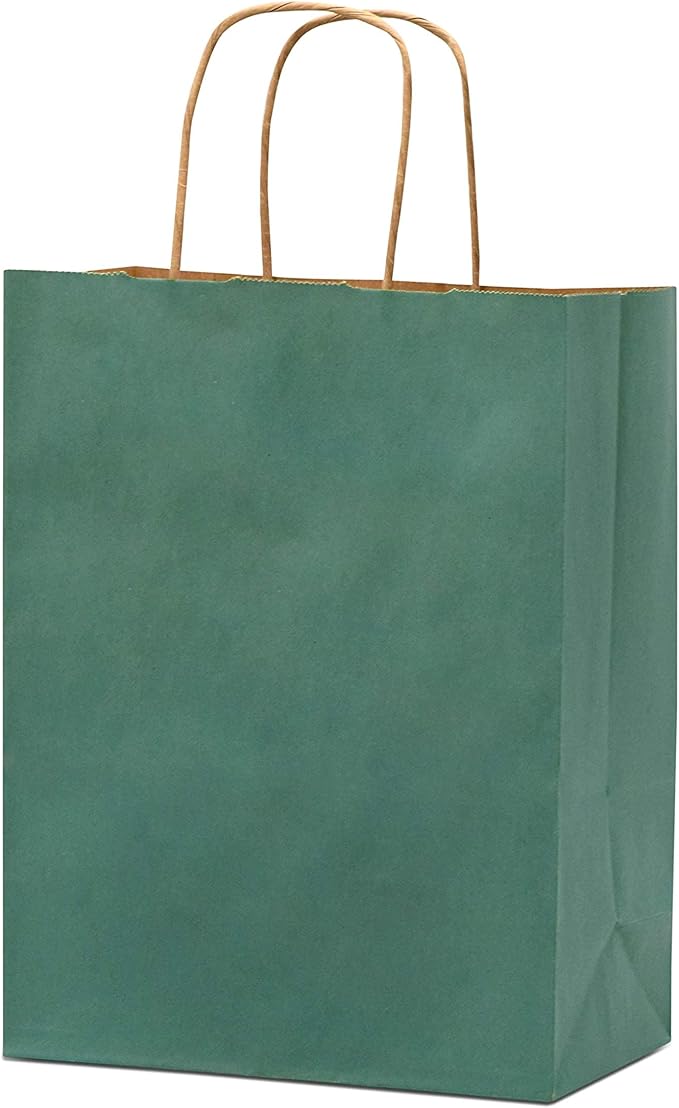 Prime Line Packaging Green Gift Bags, Small Paper Bags with Handles for Gifts, Holidays, Christmas, Party Favors, Shopping, Small Business, Bulk, 8x4x10, 50 Pack