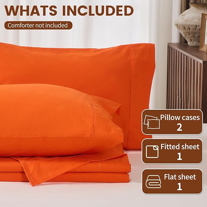 100% Linen Sheets Queen Size,Breathable & Durable 4-Piece Bed Flax Sheet Set,Soft All-Season Bedding for Hot Sleepers 16" Deep Pocket Oeko-TEX Certified,（Queen, Orange）