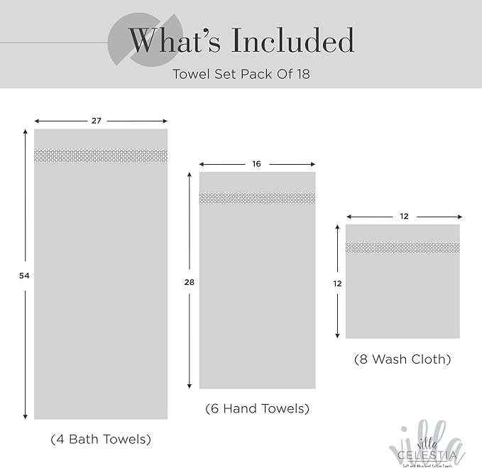 Villa Celestia 100% Cotton Bath Towel Set of 18-4 Bath Towels, 6 Hand Towels, 8 Wash Cloths, Sustainable, Soft, Highly Absorbent, Combed Cotton 18 Piece Set for Hotels, Spa, Bathroom, Dorm, Grey