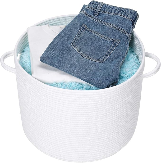 Cottonphant 16" x 16" x 13" Medium Storage Basket with Lid, Cotton Rope Storage Baskets, Laundry Hamper, Cloth Bin, for Clothes Blankets Pillows Storage in Living Room, Full White with Cover