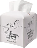 Christian Decorative Tissue Box Cover Holder, Tissue Box Cover Square with Belt Bottom, Bible Verse Gift Ideas for Friends, God is Within Her Decor for Bathroom Office-(5.2 Inches)