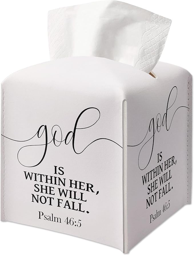 Christian Decorative Tissue Box Cover Holder, Tissue Box Cover Square with Belt Bottom, Bible Verse Gift Ideas for Friends, God is Within Her Decor for Bathroom Office-(5.2 Inches)