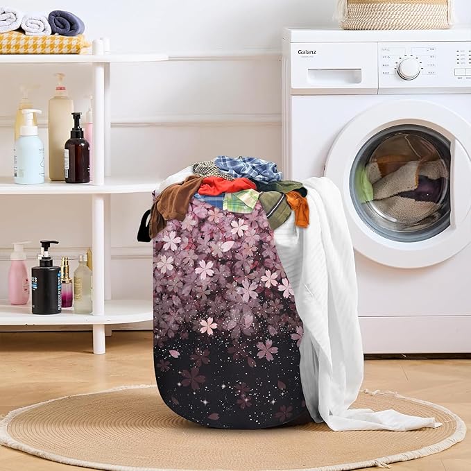 Pink Cherry Blossom Laundry Basket with Sturdy Handles, Glitter Flower Collapsible Oxford Cloth Laundry Hamper Organizer Basket for Bathroom Bedroom 15.7x20 Inch