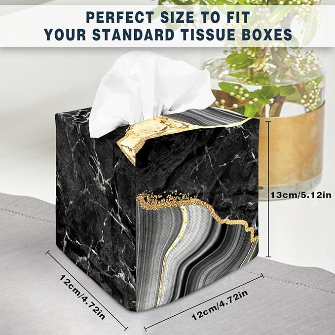 Tissue Box Cover Square Decorative Tissue Box Holder Cute Funny Cube Tissue Case Cover-Black Marble Tissue Box Cover